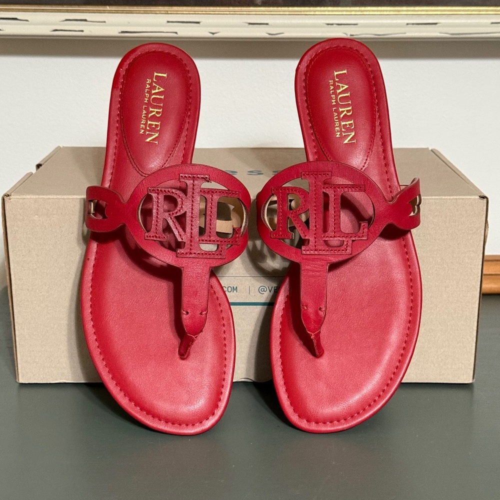 Ralph Lauren 100% leather red Audrie sandals flip flops brand size 8.5 new